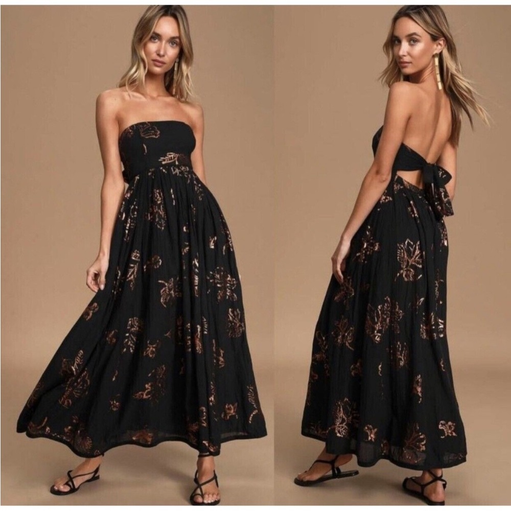 Free People Baja babe strapless midi  black metallic print dress XS